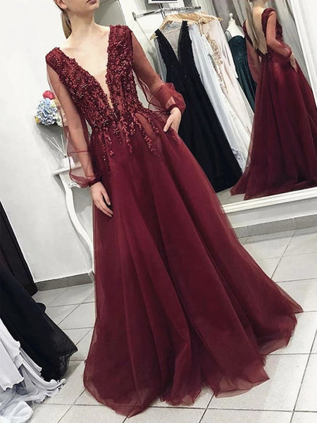 A Line V Neck Long Sleeves Burgundy Lace Prom Dresses Long Sleeves Bu jbydress