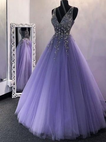 A Line V Neck Purple Beaded Long Prom Dresses, V Neck Backless Purple Long Formal Evening Dresses