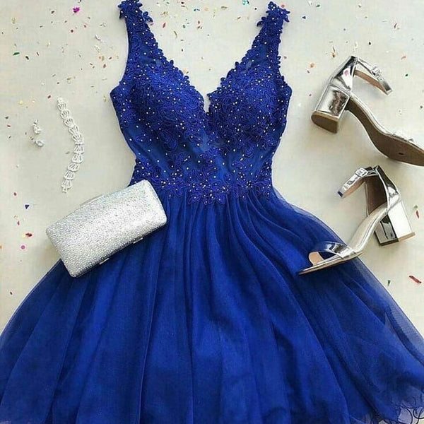 A Line V Neck Short Royal Blue Lace Prom Dresses, Short Royal Blue Lac