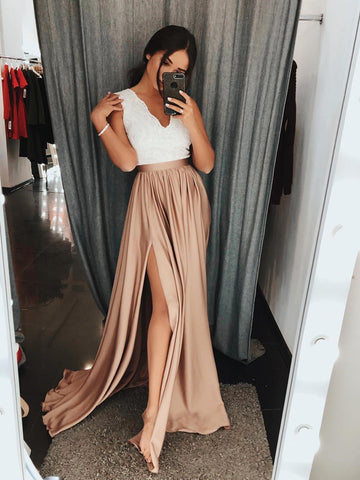 A Line V Neck White Lace Champagne Prom Dresses Long, White Lace Champagne Formal Graduation Dresses
