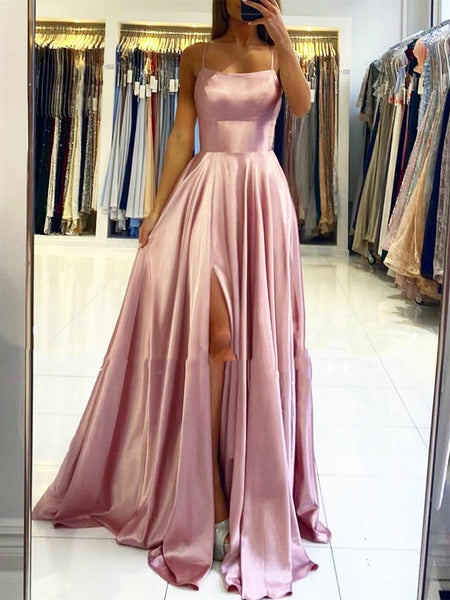 Backless Champagne Pink Blue Long Satin Prom Dresses, Open Back Long Formal Evening Dresses