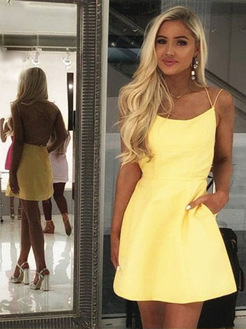 Backless Short Yellow Prom Dresses, Open Back Short Yellow Formal Homecoming Dresses