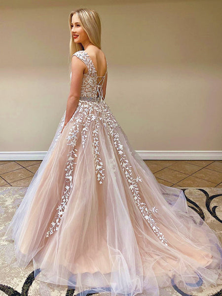 Backless Champagne Lace Prom Dresses, Open Back Long Champagne Lace Wedding Dresses