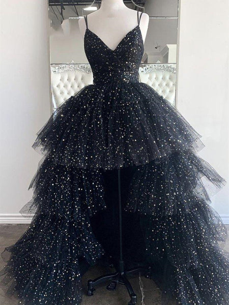 Black V Neck High Low Tulle Prom Dress, High Low Black Tulle Formal Ev jbydress Black V Neck High Low Tulle Prom Dress, High Low Black Tulle Formal Ev jbydress