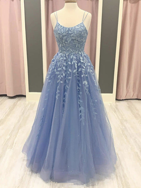 Round Neck Blue Lace Floral Long Prom Dresses, Blue Lace Long Formal Evening Dresses
