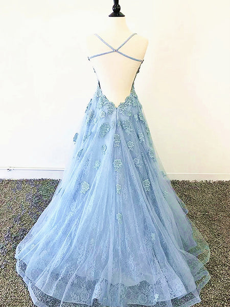 Blue Backless Lace Prom Dresses, Open Back Blue Lace Formal Evening Gr