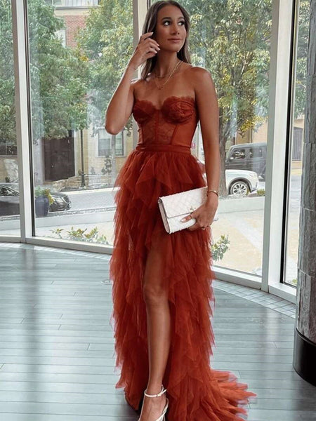 Burgundy Ruffle Layered High Low Prom Dresses, Wine Red High Low Ruffl – jbydress