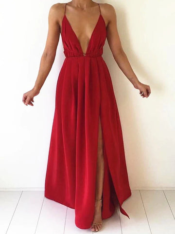 Custom Made A Line V Neck Backless Floor Length Red Prom Dresses, Bridesmaid Dresses, Formal Dresses