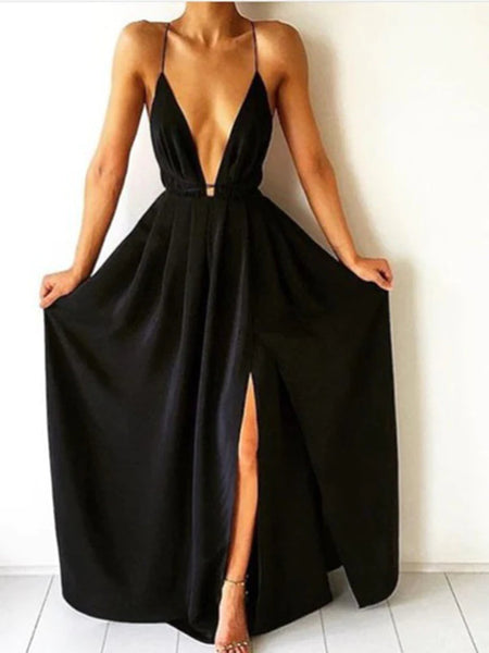 Custom Made A Line V Neck Black Backless Prom Dresses, Black Backless