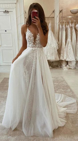 Deep V Neck Ivory Lace Wedding Dresses, A Line V Neck Ivory Lace Formal Prom Dresses