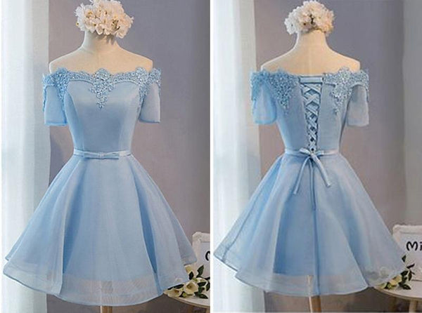 A Line Sky Blue Short Lace Prom Dresses, Sky Blue Graduation Dresses