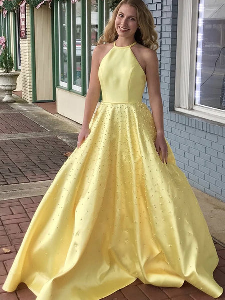yellow halter neck prom dress Yellow Halter Neck Lace Tiered Corset Prom Dress with Slit