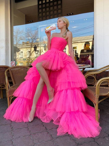 Hot Pink High Low Tulle Long Prom Dresses, Hot Pink High Low Formal Graduation Dresses