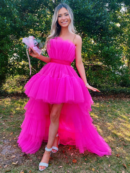Hot Pink High Low Tulle Prom Dresses, Hot Pink High Low Formal Graduation Dresses