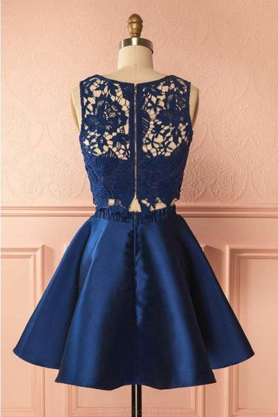A Line Round Neck Dark Blue 2 Pieces Lace Prom Dresses, Dark Blue 2 Pieces Formal Dresses, Lace Homecoming Dresses