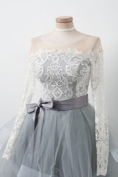 Long Sleeves Short Gray Prom Dress with White Lace, Long Sleeves Short Lace Graduation Homecoming Dresses