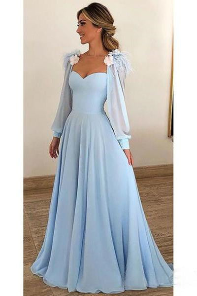 Long Sleeves Sky Blue Long Prom Dresses, Light Blue Long Sleeves Floral Formal Evening Dresses