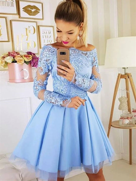Long Sleeves Light Blue Short Lace Prom Dresses, Short Blue Lace Forma