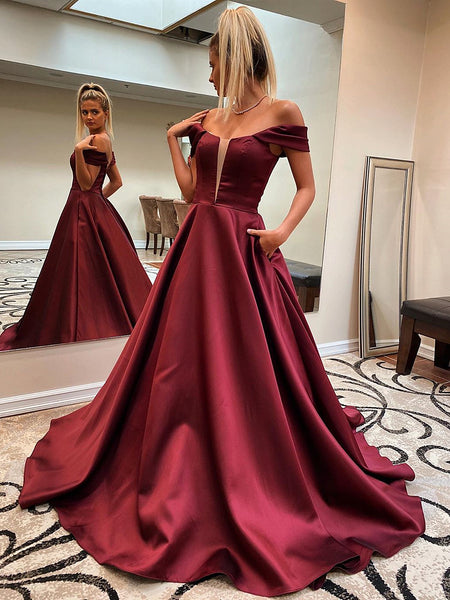 Off the Shoulder Burgundy Prom Dresses, Wine Red Long Formal Evening D – jbydress