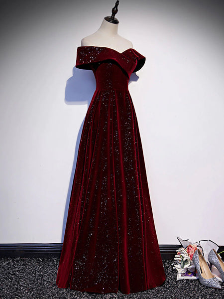 Off the Shoulder Burgundy Long Prom Dresses, Burgundy Off Shoulder Lon