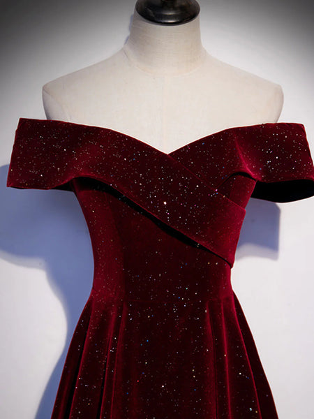 Off the Shoulder Burgundy Long Prom Dresses, Burgundy Off Shoulder Lon