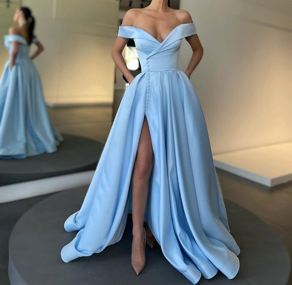 Off the Shoulder Light Blue Satin Prom Dresses, Off Shoulder Light Blu