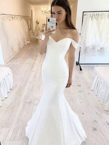 Off the Shoulder White Mermaid Wedding Prom Dresses, White Mermaid For – jbydress
