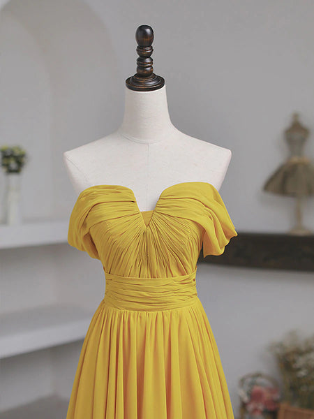 Off the Shoulder Yellow Chiffon Long Prom Dresses, Yellow Long Formal Bridesmaid Dresses