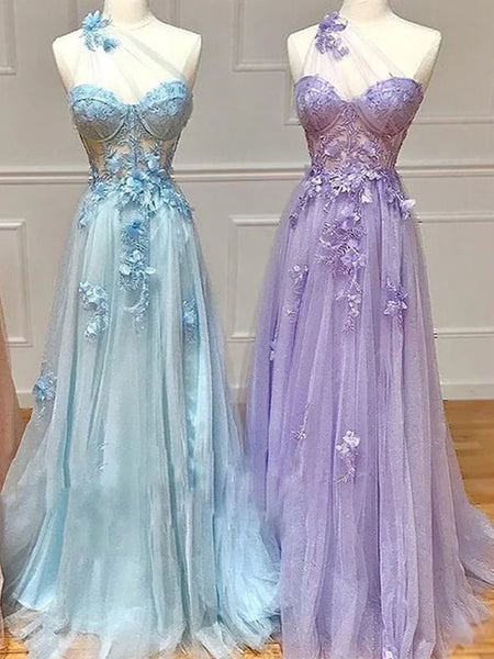 One Shoulder Purple Blue Lace Prom Dresses, One Shoulder Purple Blue Long Formal Graduation Dresses