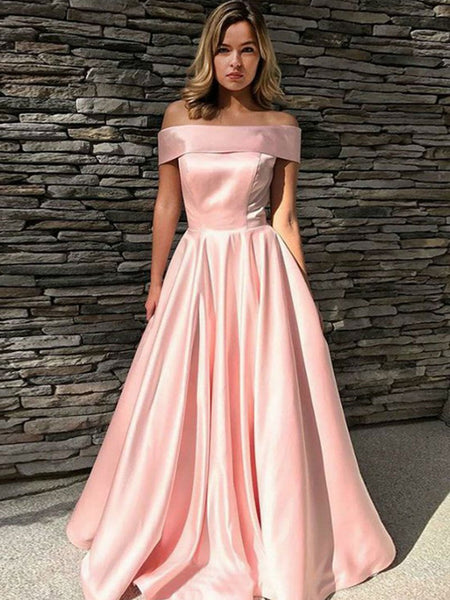 Pink Off Shoulder Satin Prom Dress Long, Off the Shoulder Pink