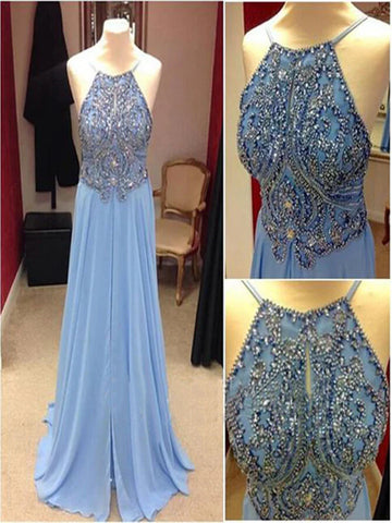 Sexy Spaghetti Straps Beaded Chiffon Long Backless Light Blue Prom Dress, Long Backless Formal Dress