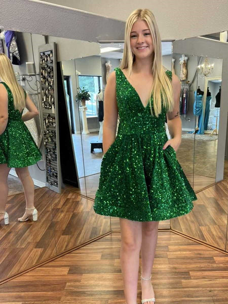 Shiny V Neck Short Green Prom Dresses, Short Green Formal Homecoming D