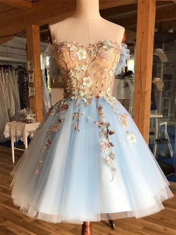 Short Blue Lace 3D Floral Prom Dresses, Short Blue Lace Floral Formal Homecoming Dresses
