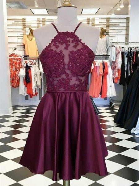 Short Burgundy Lace Prom Dresses, Burgundy Lace Formal Homecoming Grad