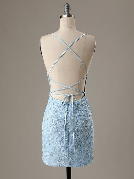 Short Light Blue Backless Lace Prom Dresses, Open Back Light Blue Lace