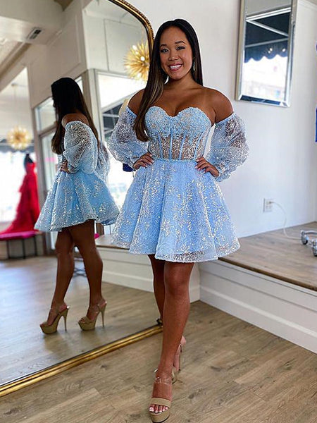 Short Light Blue Lace Prom Dresses, Light Blue Short Lace Formal Gradu