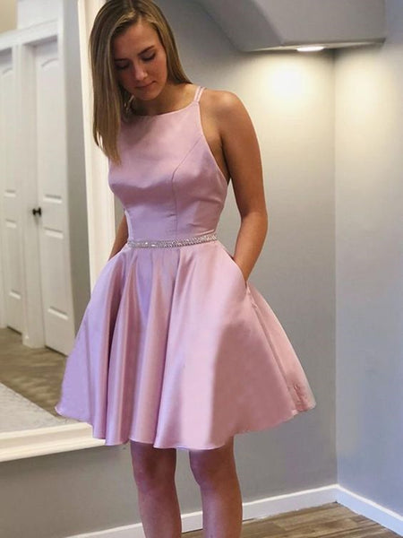 Short Pink Backless Prom Dresses, Open Back Short Pink Graduation Home