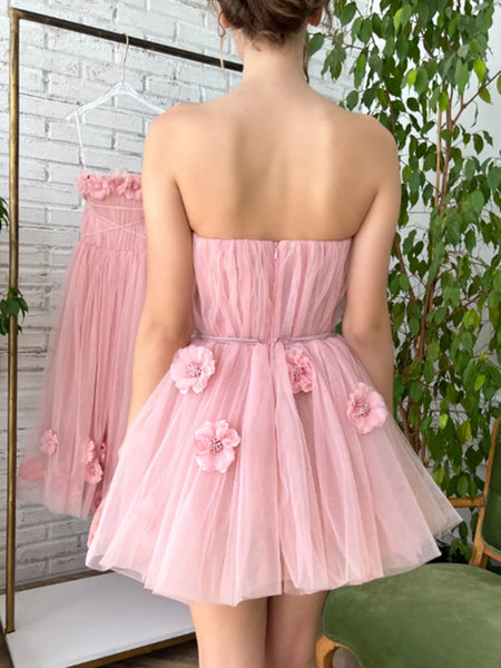 Short Pink Floral Prom Dresses, Short Pink Floral Graduation Homecoming Dresses