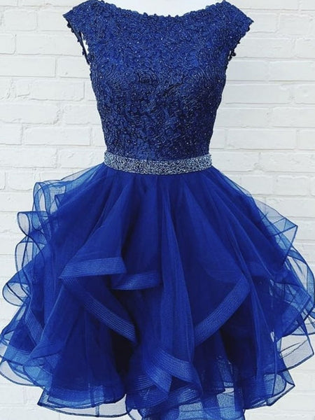 Short Royal Blue Lace Prom Dresses, Royal Blue Short Lace Formal Gradu