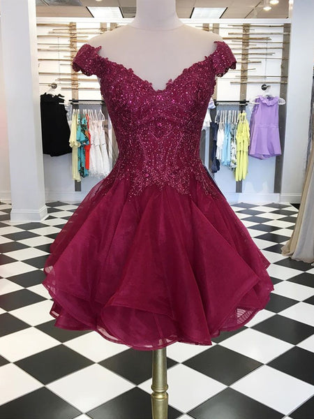 Off the Shoulder Sheath Short Burgundy Prom Dress LBQ1472
