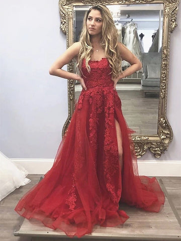 Spaghetti Straps Burgundy Long Lace Prom Dresses, Wine Red Thin Straps Lace Formal Evening Dresses
