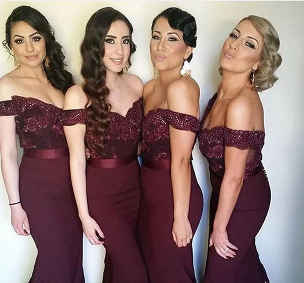 Sweetheart Neck Off Shoulder Maroon Lace Prom Dress, Maroon Lace Bridesmaid Dress, Maroon Formal Dress