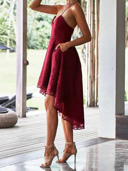 Lace Panel Wine Red Sleeveless High Low Dress Murci Exclusive Lace Halterneck Deep Plunge Front Split Lace Panel Wine Red Sleeveless High Low Dress Murci Exclusive Lace Halterneck Deep Plunge Front Split