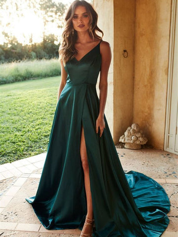 V Neck Emerald Green Prom Dress with Train, V Neck Dark Green Formal Graduation Dresses