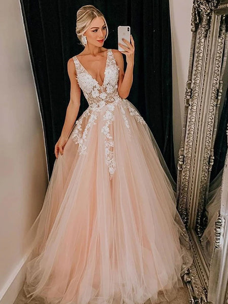 V Neck Pink Lace Prom Dresses, 3D Floral Pink Lace Formal Evening Dres   jbydress