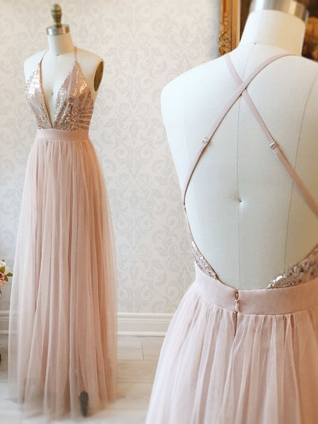 rose gold backless prom dress Long Beaded Prom Dress with Sequins Smoky Blue / 16 main image 0