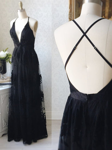 V Neck Black Backless Lace Prom Dresses, Open Back Black Lace Formal Evening Bridesmaid Dresses