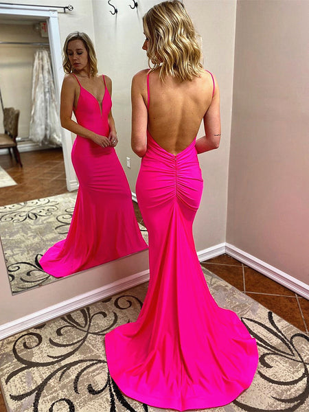V Neck Hot Pink Mermaid Long Prom Dresses, Hot Pink Mermaid Formal Eve jbydress V Neck Hot Pink Mermaid Long Prom Dresses, Hot Pink Mermaid Formal Eve jbydress