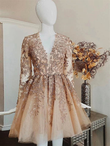 V Neck Long Sleeves Champagne Lace Prom Dresses, Long Sleeves Champagne Lace Formal Graduation Dresses