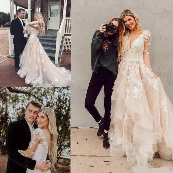 Custom Made V Neck Long Sleeves Champagne Wedding Dresses, Champagne W jbydress Custom Made V Neck Long Sleeves Champagne Wedding Dresses, Champagne W jbydress